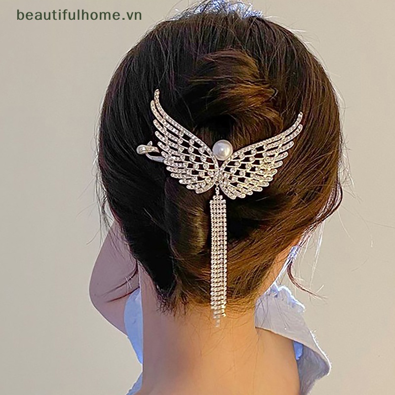 [beautifulhome] Kẹp Tóc Đuôi Ngựa Hình Cánh Thiên Thần Đính Đá Ngọc Trai Giả Phong Cách Hàn Quốc Dành Cho Nữ [beauty]