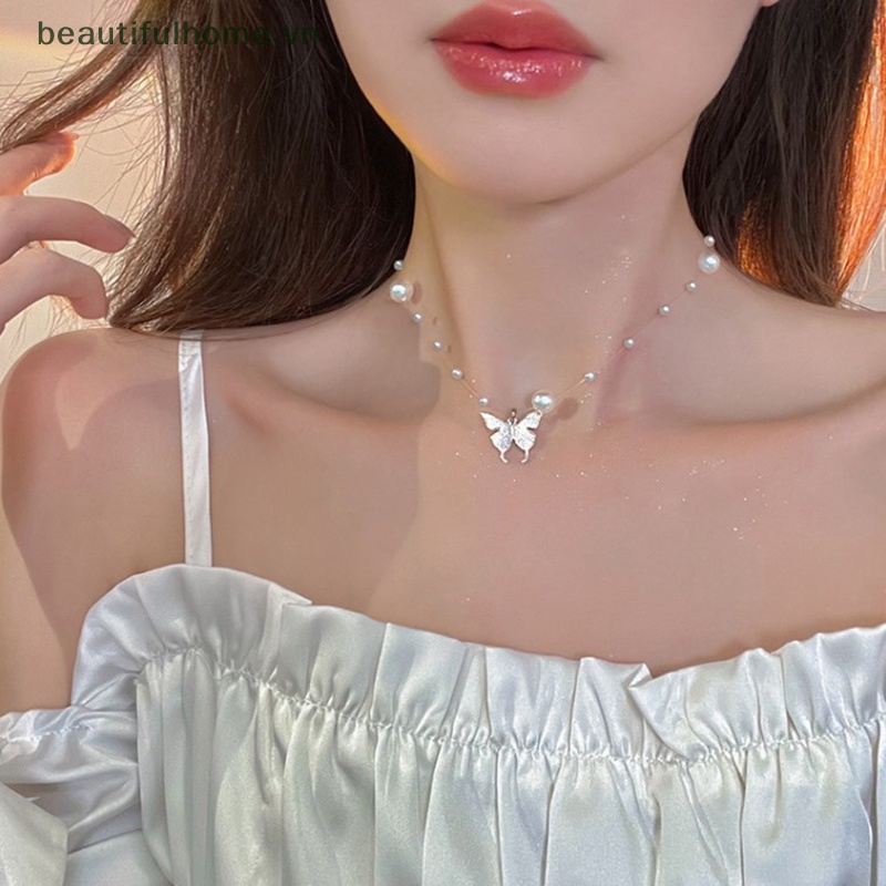[beautifulhome] Vòng cổ Kim Loại Dạng Xoắn Đính Ngọc Trai Và Bướm Thời Trang Cho Nữ [beauty]