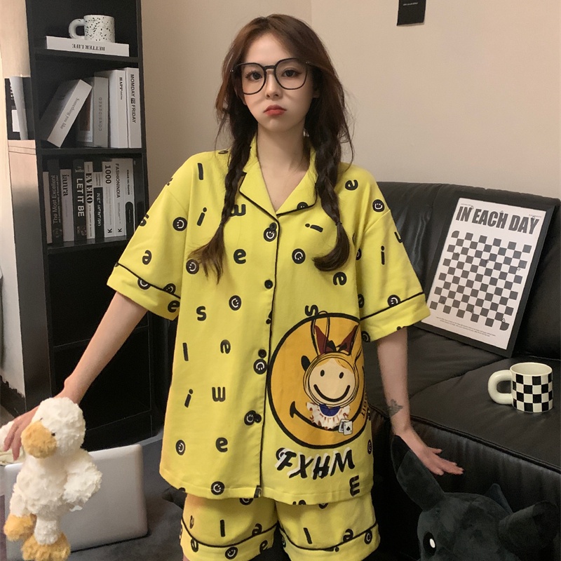 Bộ Đồ Ngủ Tay Ngắn In Họa Tiết Hoạt Hình Mặt Cười Phong Cách Hàn Quốc Thời Trang Mùa Hè Cho Nữ
