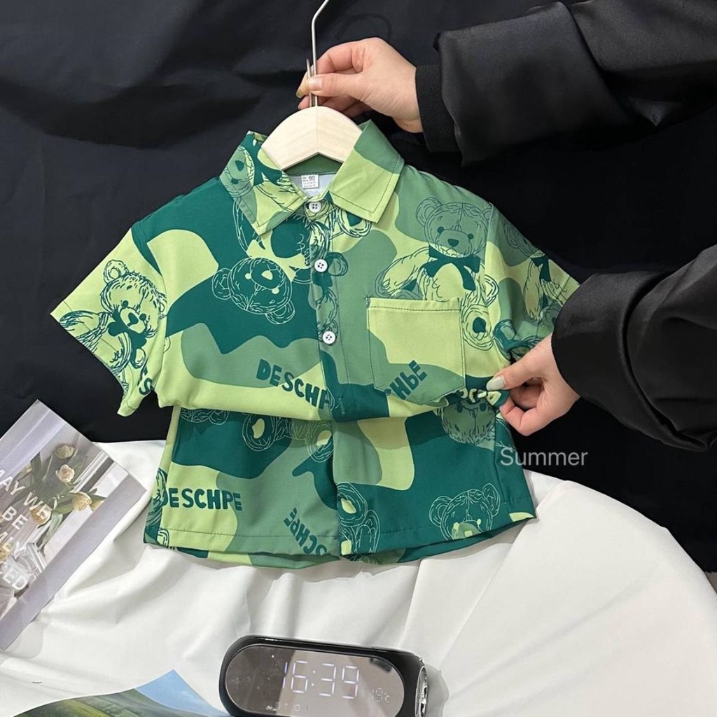 Bộ Áo Sơ Mi Tay Ngắn In Họa Tiết Hoạt Hình + Quần Short Thời Trang Mùa Hè Xinh Xắn Cho Bé Trai