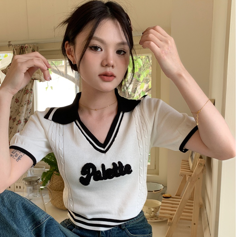 Áo Thun Dệt Kim Tay Ngắn Cổ Chữ V Thiết Kế Đơn Giản Thời Trang Mùa Hè