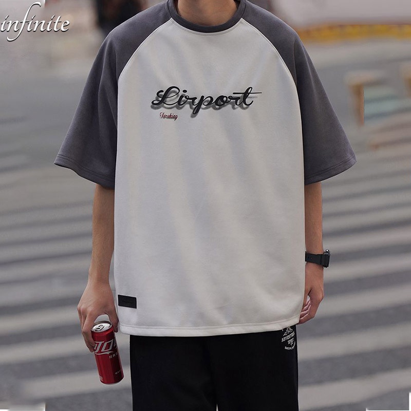 Áo Thun Raglan Cotton Tay Ngắn Phong Cách Retro Đường Phố Mỹ Cho Nam
