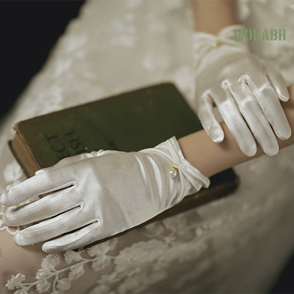 1 Cặp Găng Tay Satin Ngắn Màu Trơn Đính Ngọc Trai Giả Trang Trí Cho Cô Dâu