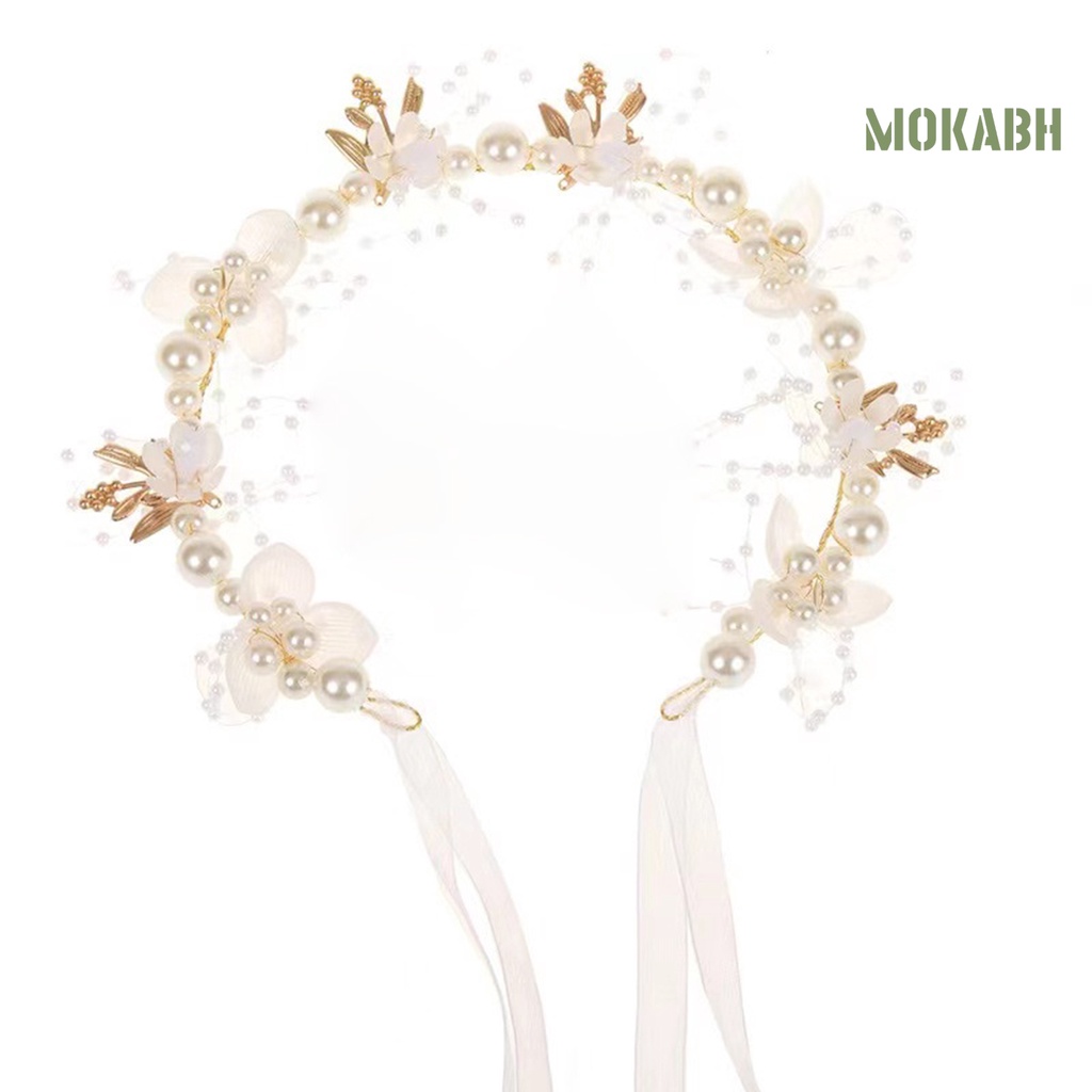 Băng Đô Đính Hoa Ngọc Trai Giả Thắt Nơ Ruy Băng Lãng Mạn Có Thể Điều Chỉnh Trang Trí Tóc Cho Bé Gái