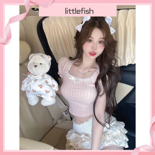 Set Áo Thun Tay Phồng Phối Ren + Chân Váy Xếp Ly Nhiều Tầng Màu Trắng / Hồng Sang Trọng Ngọt Ngào Thời Trang Mùa Hè Cho Nữ