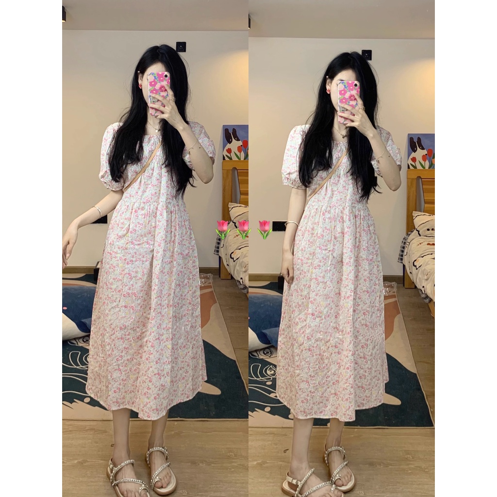 Đầm Hồng Chiết Eo Họa Tiết Hoa Ngọt Ngào Phong Cách Hàn Quốc
