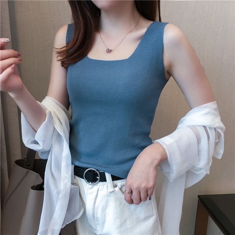 2023 mùa hè không tay áo vest dệt kim ngắn sling nhỏ của phụ nữ bên trong mặc bên ngoài áo sơ mi phía dưới