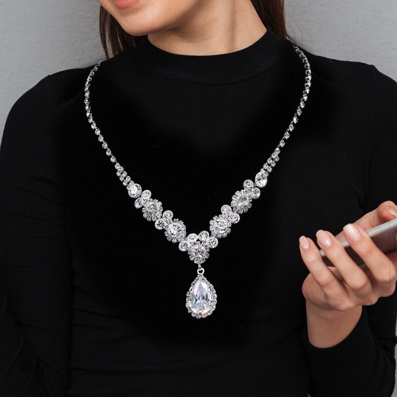 Ygt Bộ Vòng cổ + Bông Tai Mạ Bạc Dáng Dài Hình Giọt Nước Đính Đá Pha Lê Sang Trọng