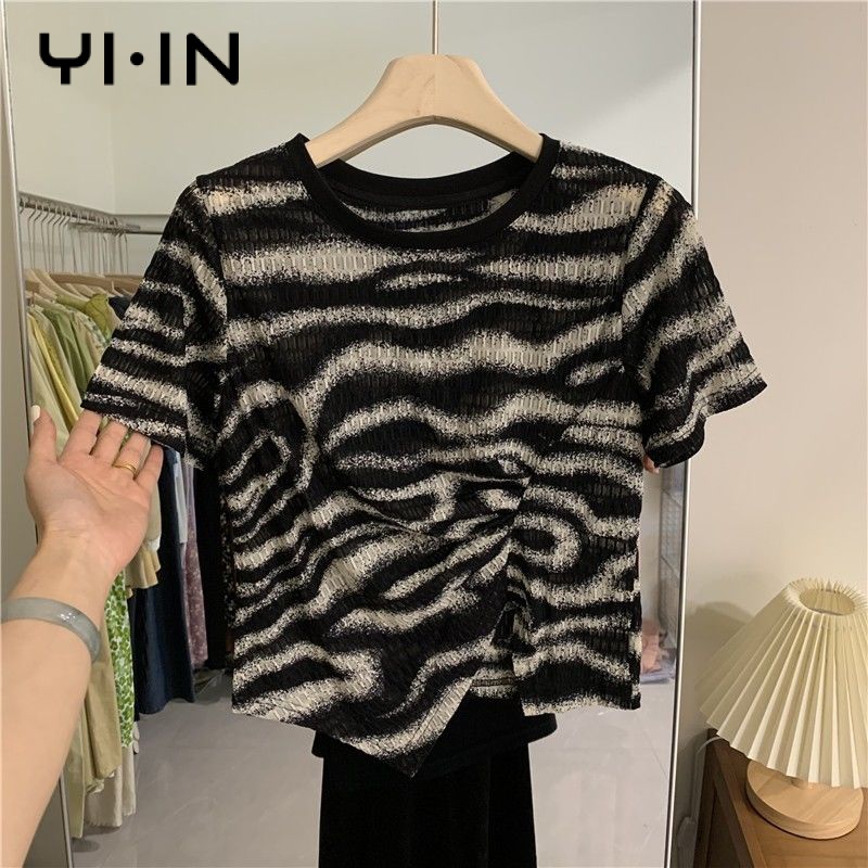 Áo Thun Ngắn Tay Trễ Vai Họa Tiết Ngựa Vằn Thời Trang Dành Cho Nữ