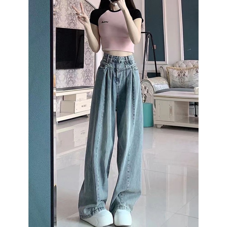 Quần Jean Ống Rộng Lưng Cao Thời Trang Mùa Hè Phong Cách Retro Mỹ Cho Nữ