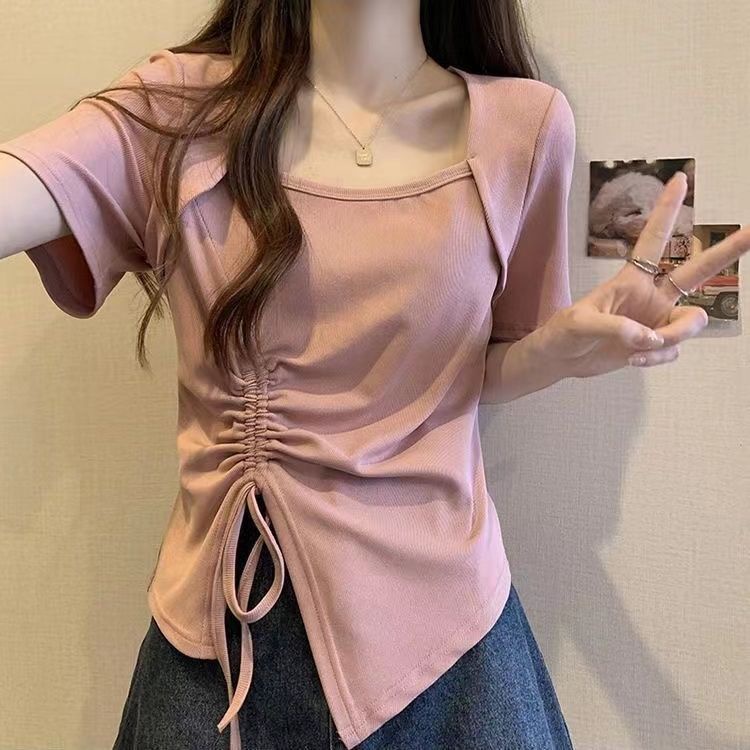 Áo Thun Tay Ngắn Cổ Vuông Thiết Kế Không Đồng Đều Phong Cách Mới Mùa Hè Cho Nữ