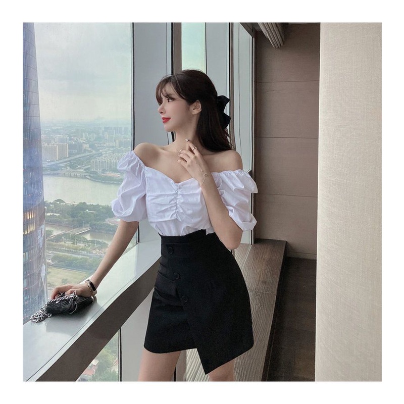 Bộ Áo Tay Phồng Trễ Vai + Chân Váy Ngắn Lệch Tà Thời Trang Mùa Hè 2023 Phong Cách Mới Cho Nữ