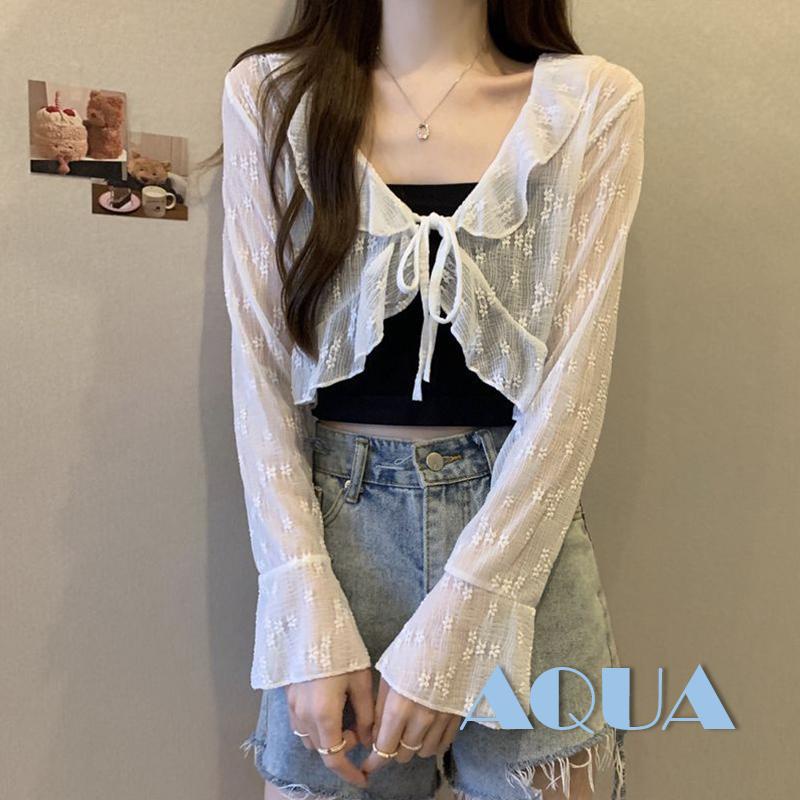 Áo Cardigan Ren Hoa Nhún Bèo Phía Trước Chống Bụi Bẩn Tay Dài Cho Nữ