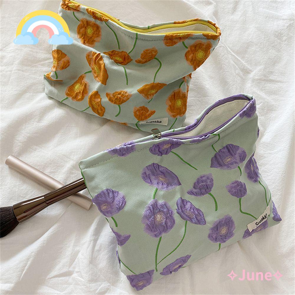 JUNE Túi Đựng Mỹ Phẩm Dập Nổi Họa Tiết Hoa Xinh Xắn Tiện Dụng Cho Bạn Gái