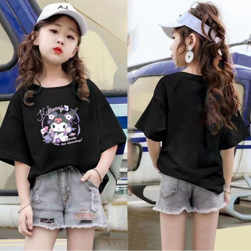 Áo Thun Tay Ngắn Màu Trơn In Số Kuromi Melody Dễ Thương Thời Trang Mùa Hè Cho Bé Gái 100-160 Tuổi 2023