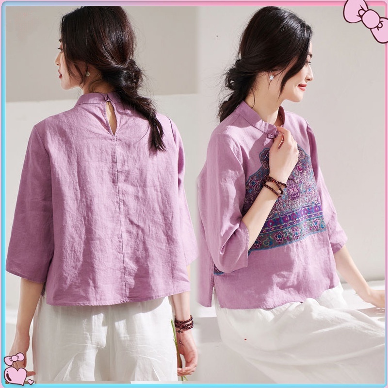 Áo Kiểu Hán Phục Cách Tân Vải Cotton Lanh Dáng Rộng Thêu Họa Tiết Thổ Cẩm Kiểu Retro Thời Trang 2023 Cho Bạn Gái