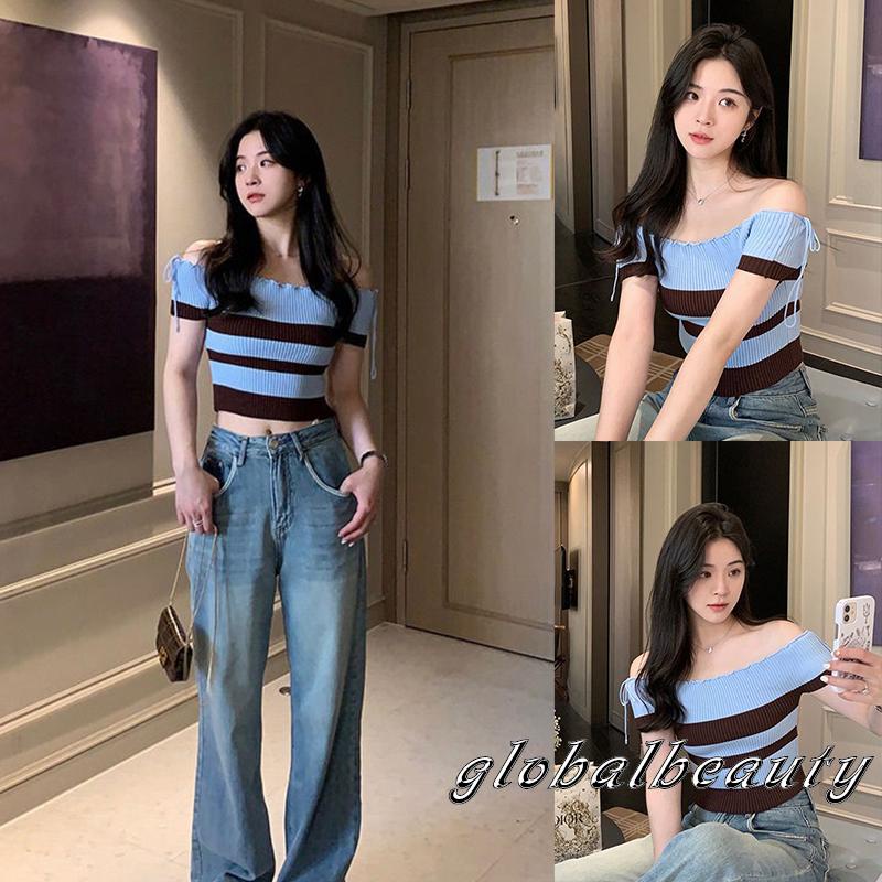 Áo Croptop Dệt Kim Trễ Vai Tay Ngắn Họa Tiết Kẻ Sọc Thời Trang Mùa Hè Cho Nữ