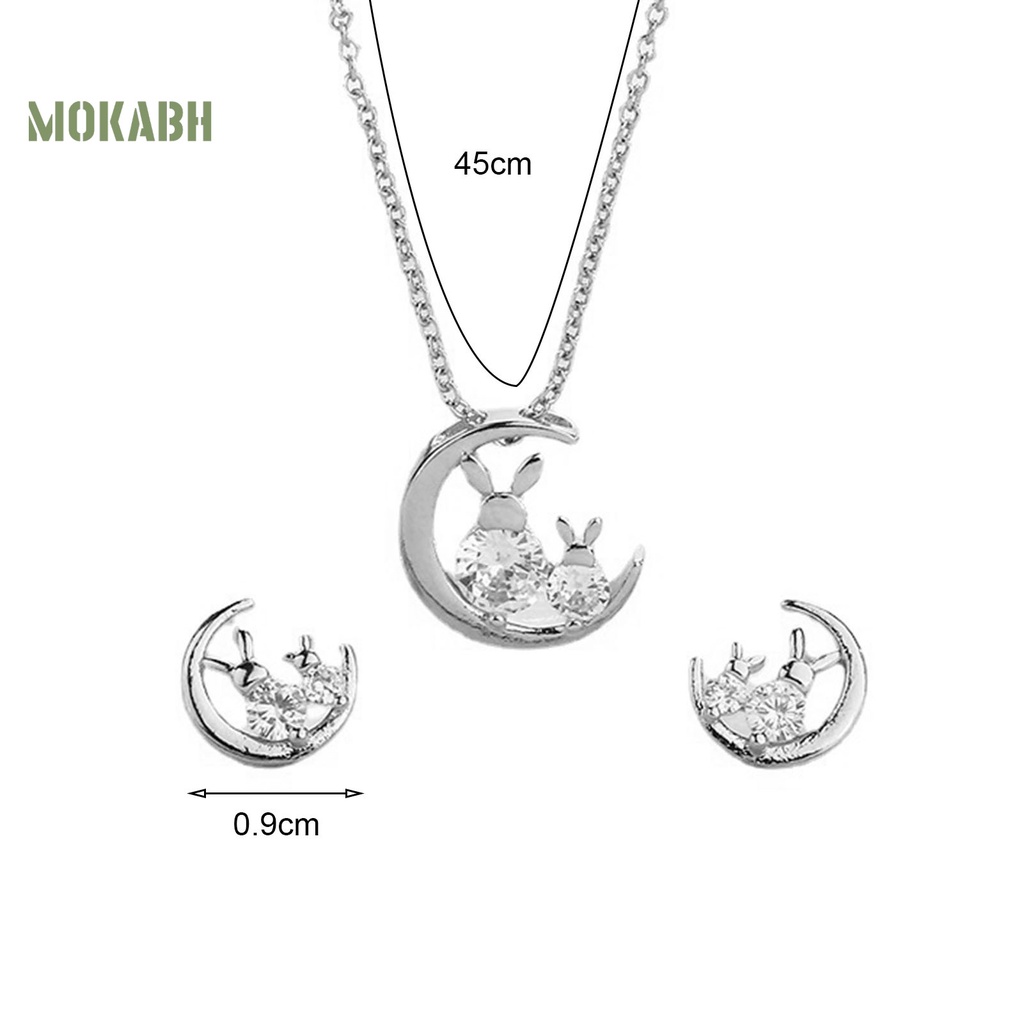 Bộ Vòng cổ + Bông Tai Đính Đá Hình Thỏ &amp; Mặt Trăng Kiểu Hàn Quốc