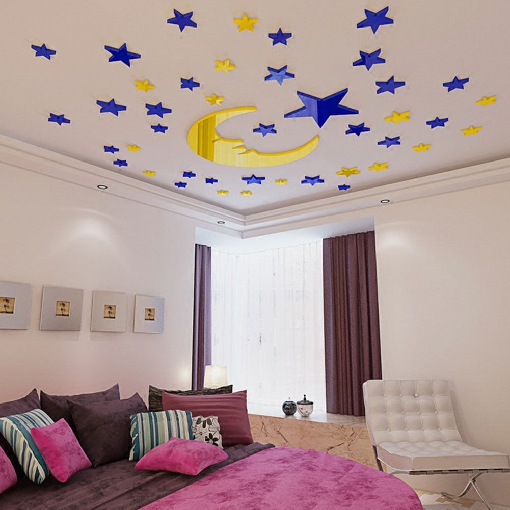 Set 38 Miếng Dán Tường Tráng Gương Acrylic Hình Mặt Trăng 3D Có Thể Tháo Gỡ