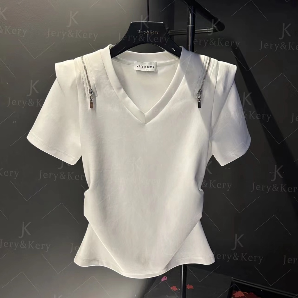 Áo Thun cotton Nguyên Chất Tay Ngắn Hở Vai Phối Dây Xích Phong Cách Pháp Cho Nữ