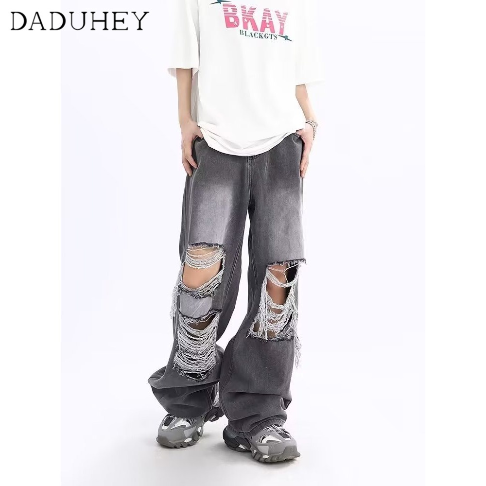 DaDuHey New American Ins High Street Retro Ripped Jeans Niche High Waist Wide Leg Pants Large Size Trousers