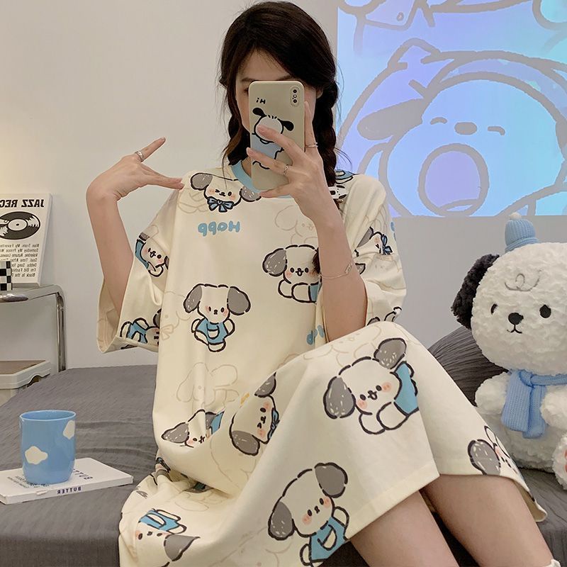 Đầm Ngủ Lụa Lạnh Mỏng Tay Ngắn Dáng Rộng Dài Đến Đầu Gối In Họa Tiết Hoạt Hình Cún Pacha Thời Trang Mùa Hè Cho Nữ