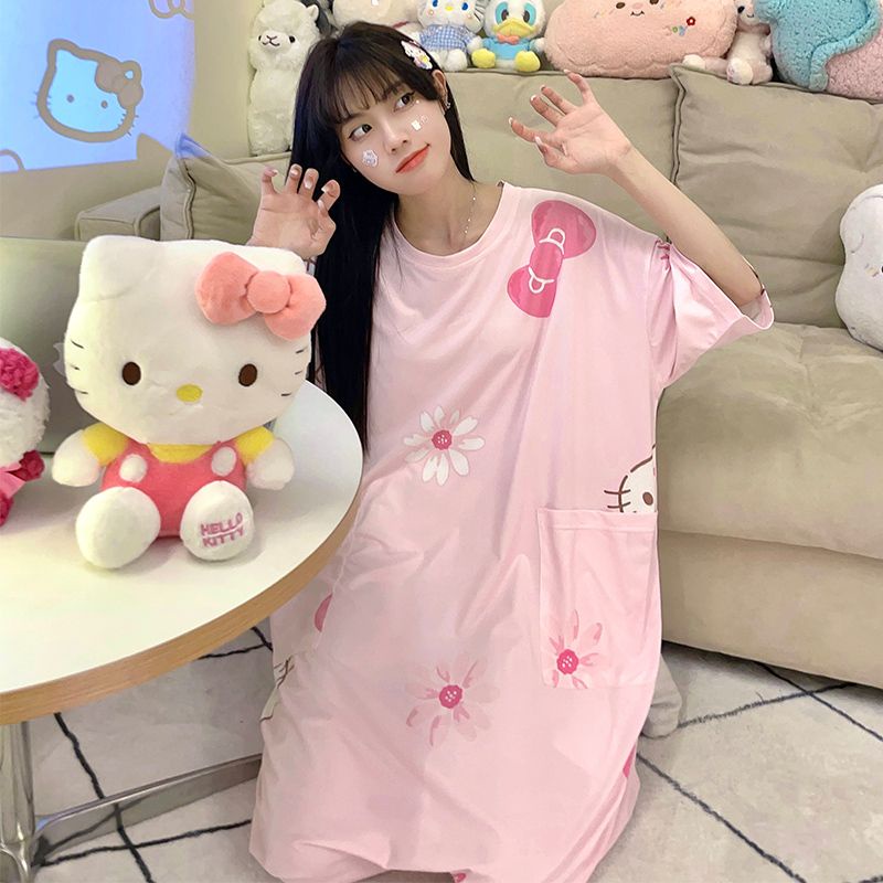 Đầm Ngủ Cotton Tay Ngắn Dáng Rộng In Hoạt Hình Dễ Thương Thời Trang Mùa Hè Cho Nữ