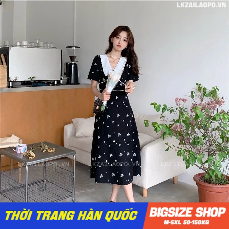 Đầm hoa nhí Bigsize Váy nữ dáng suông tay ngắn cổ bèo mùa hè Phong cách Hàn Quốc Thời Trang tiểu thư cá tính xinh đẹp cho người mập béo