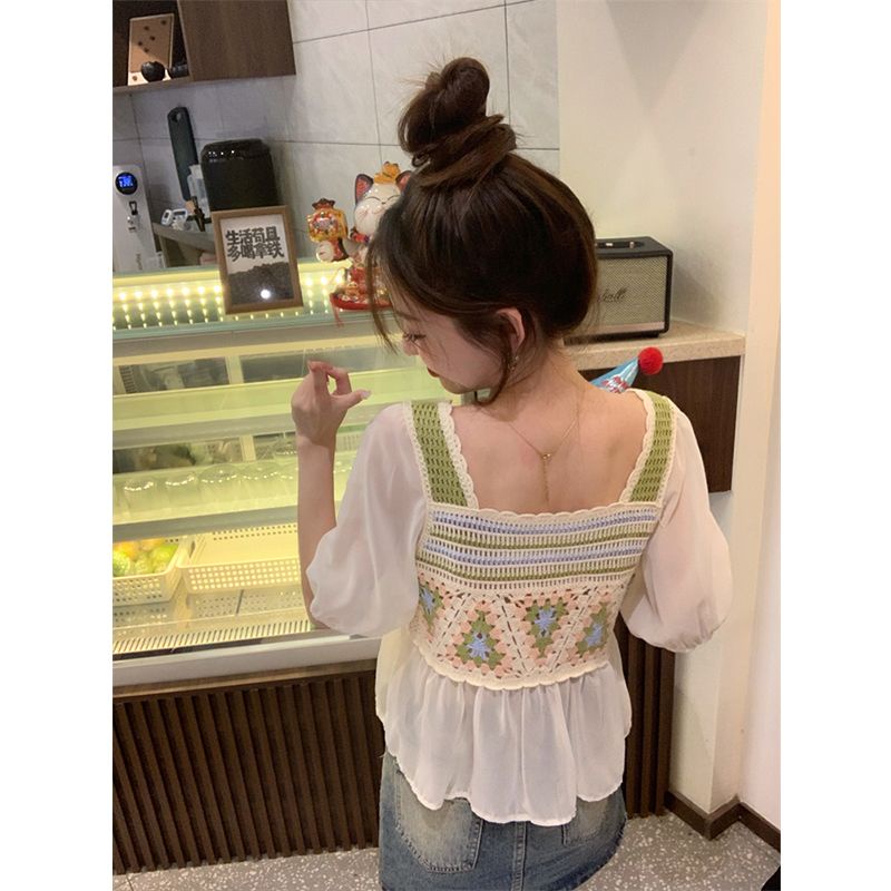 Áo Chiffon Cổ Vuông Tay Ngắn Phối Màu Tương Phản Thời Trang Mùa Hè Cho Nữ