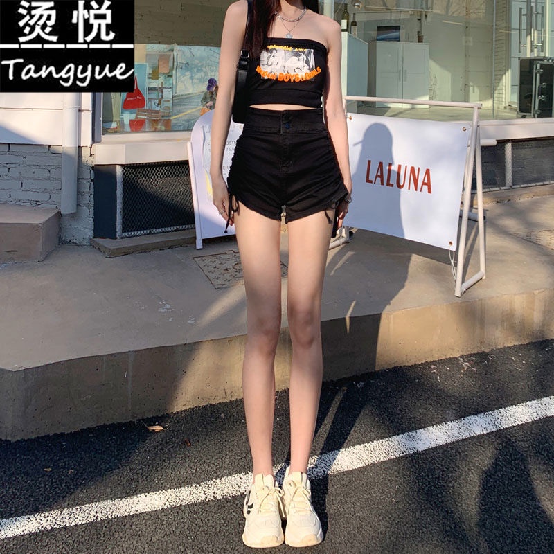 Quần Short Denim Màu Đen Lưng Cao Dáng Chữ a Phối Dây Rút Thời Trang Đường Phố Mỹ Cho Nữ