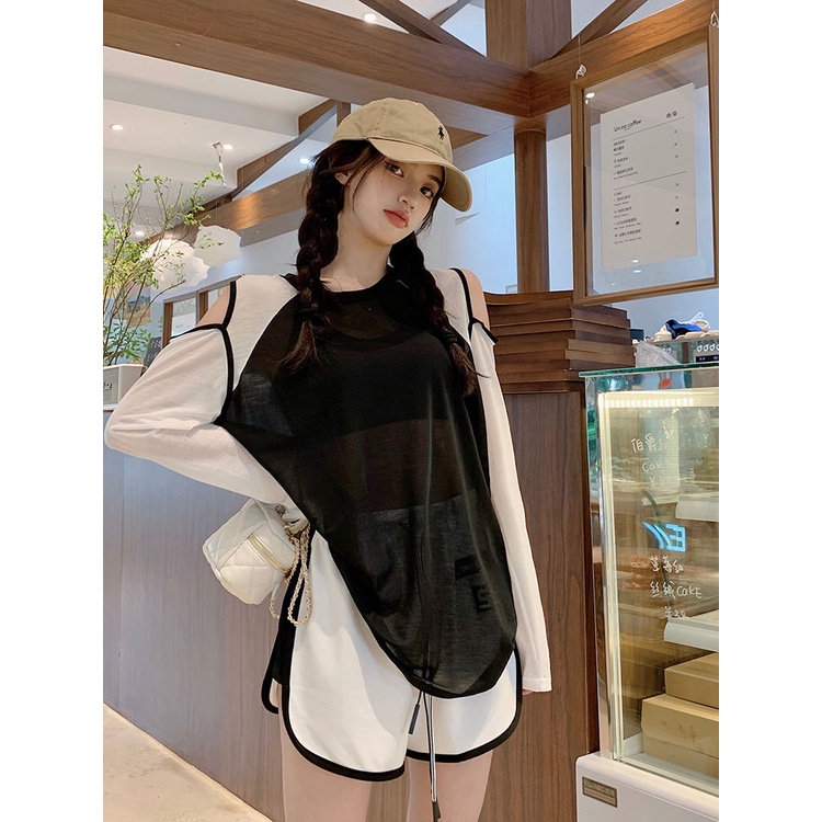 Áo Thun Tay Dài Trễ Vai Mỏng Chống Nắng Phối Màu Tương Phản Thời Trang Mùa Hè Cho Nữ