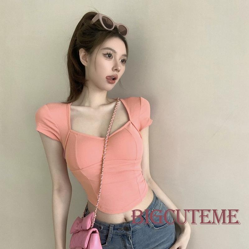 [] Áo Thun Crop Top Hở Lưng Có Đệm Mút Dây Chéo Màu Trơn Mùa Hè Đáng Yêu Có Thể Co Giãn Cho Nữ