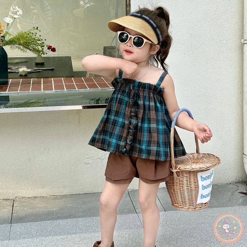 Bộ Áo Sơ Mi Không Tay + Quần Short Họa Tiết Sọc Caro Phong Cách Retro Thoáng Khí Thời Trang Đi Biển Cho Bé Gái
