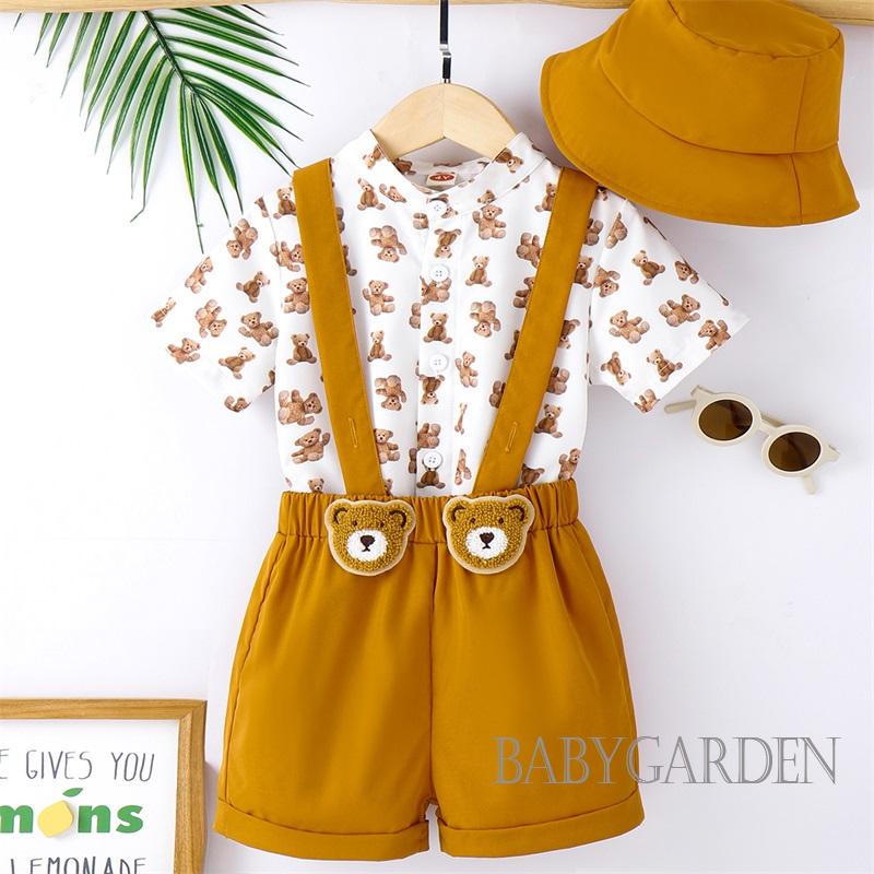 Set Đồ Mùa Hè 3 Món Gồm Áo Sơ Mi Tay Cộc Cài Nút + Quần Yếm + Nón Quý Ông Cho Bé Trai / 3-7 Tuổi