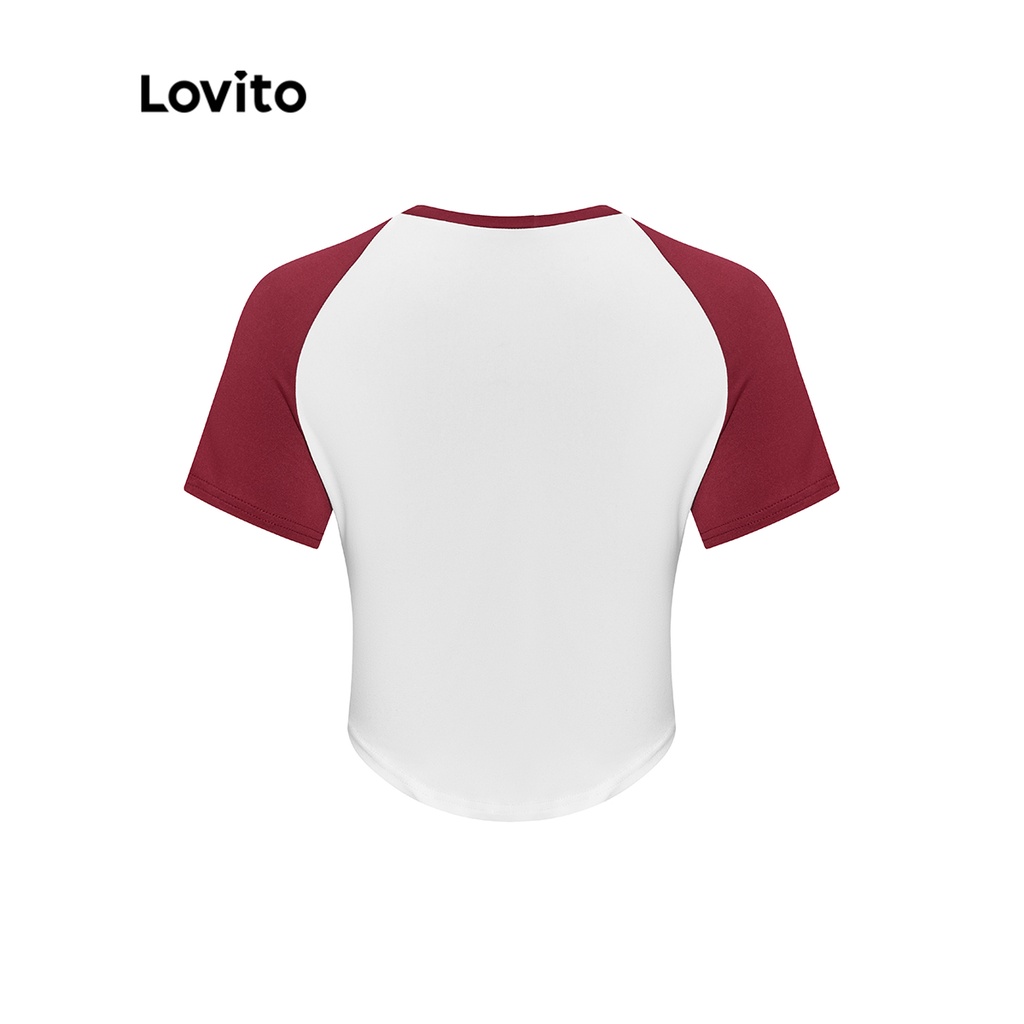 Lovito Áo thun bất đối xứng Letter Colorblock thông thường cho nữ L56ED039 (Đỏ đen)