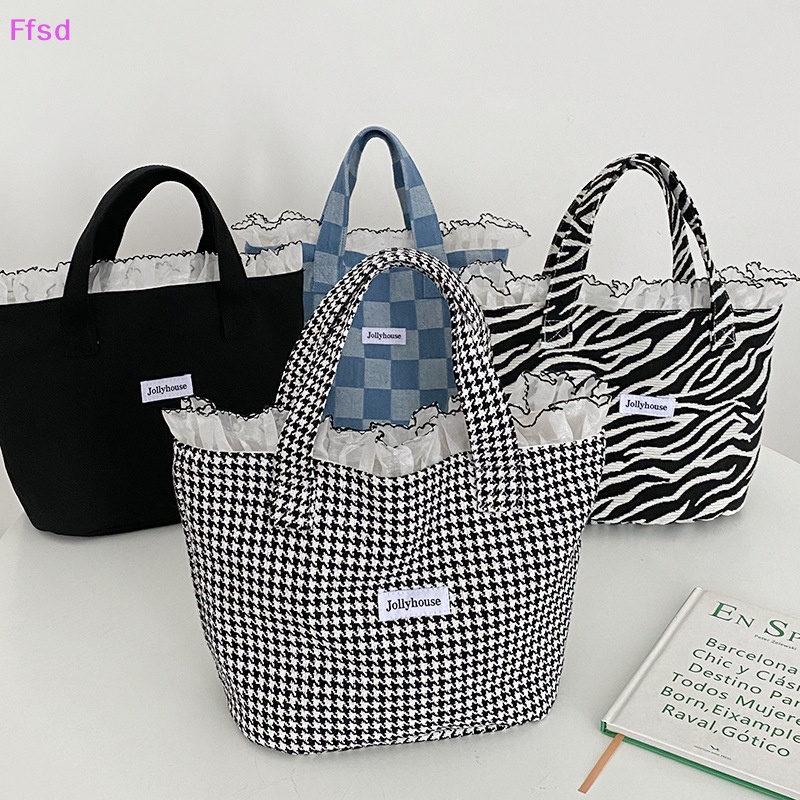 {Ffsd} Túi Xách Vải Canvas Màu Trơn Họa Tiết Ngựa Vằn Phối Ren Lá Sen Sức Chứa Lớn Sáng Tạo Đẹp Mắt Thời Trang * Bán Chạy Cho Nữ