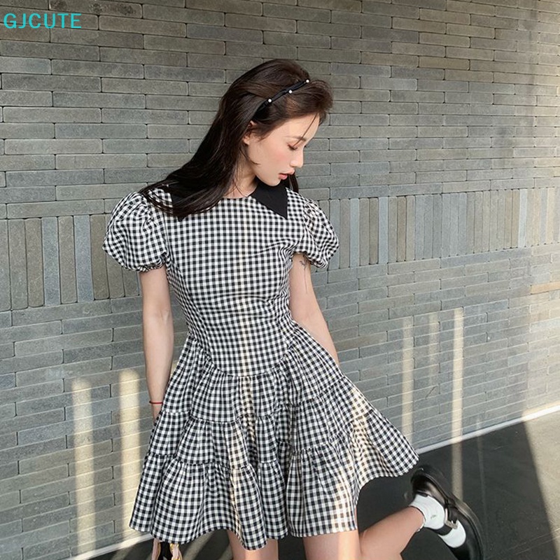 Đầm Mini Dáng Chữ A Tay Phồng Họa Tiết Kẻ Sọc Thời Trang Mùa Hè Xinh Xắn Cho Nữ
