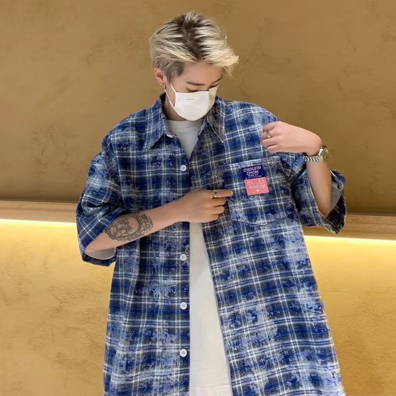 Áo Sơ Mi Tay Ngắn Dáng Rộng Họa Tiết Kẻ Sọc Phong Cách Đường Phố Mỹ Thời Trang Mùa Hè Cho Nam