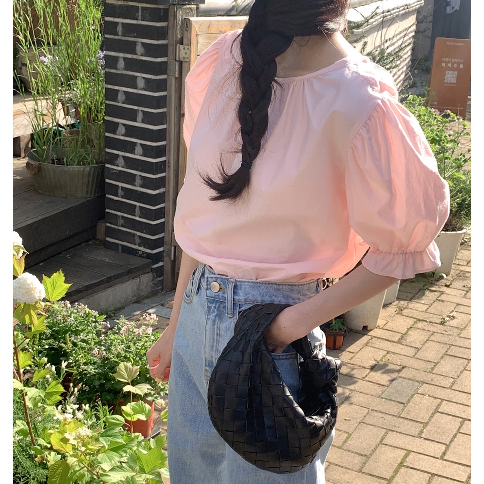 SUXI Áo Sơ Mi Tay Phồng Ngắn Màu Sắc Ngọt Ngào Phong Cách Hàn Quốc