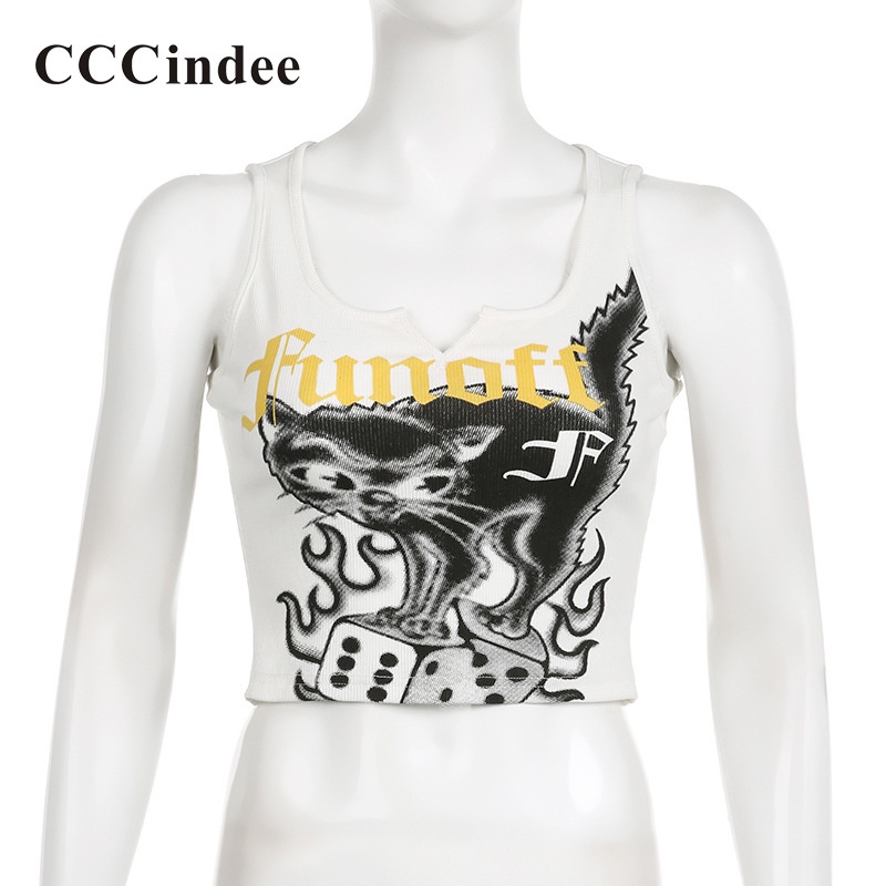Áo Tank Top Ôm Dáng Màu Tương Phản In Họa Tiết Mèo Thời Trang 2023 Cho Nữ
