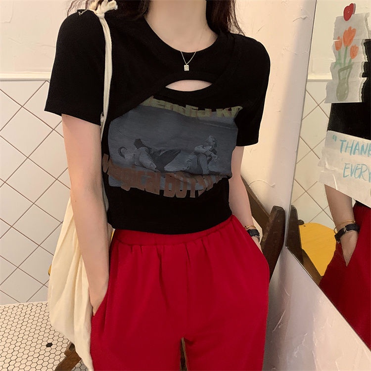 Áo Thun Cotton Ngắn Tay Giả Hai Lớp Dáng Ôm Thời Trang Cho Nữ