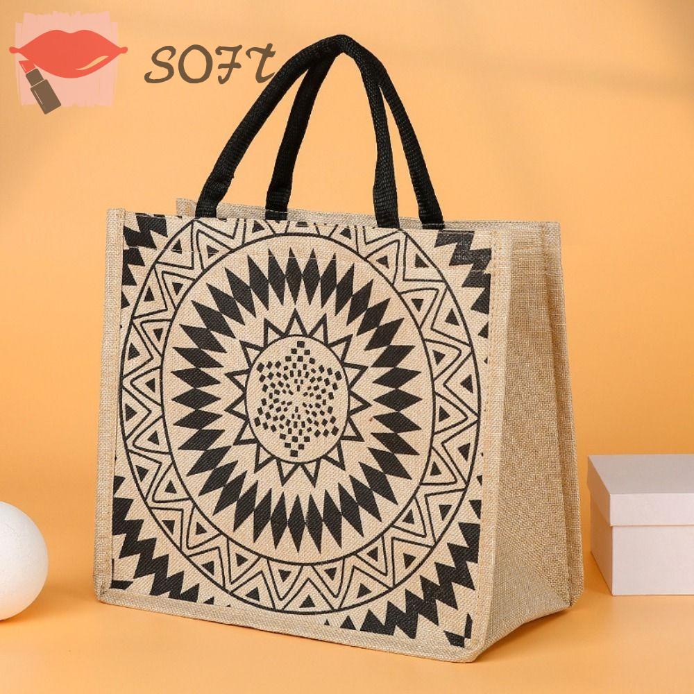 SOFTNESS Túi Xách Tote Vải Sợi Đay Sức Chứa Lớn Có Tay Cầm Cho Nữ