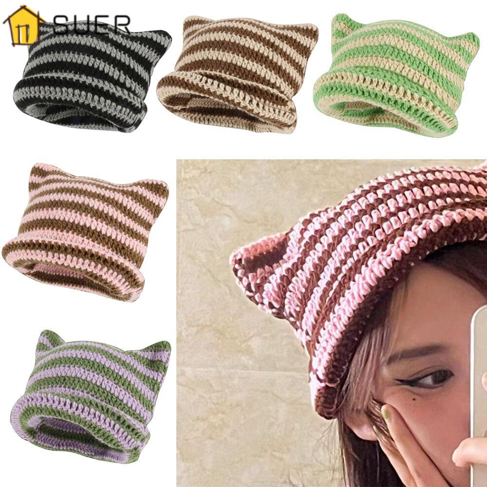 SUENIN Mũ Beanie Tai Mèo Họa Tiết Kẻ Sọc Dễ Thương Phong Cách Nhật Bản