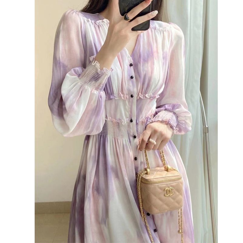 Đầm Chiffon Dài Tay Màu Nhuộm Ôm Eo Thời Trang Mùa Xuân Pháp Cho Nữ