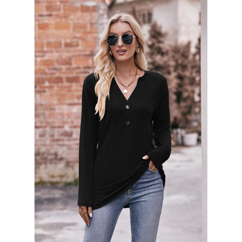 Áo Thun Cotton Cổ Chữ V Tay Dài Cài Nút Màu Trơn Đơn Giản Dành Cho Nữ