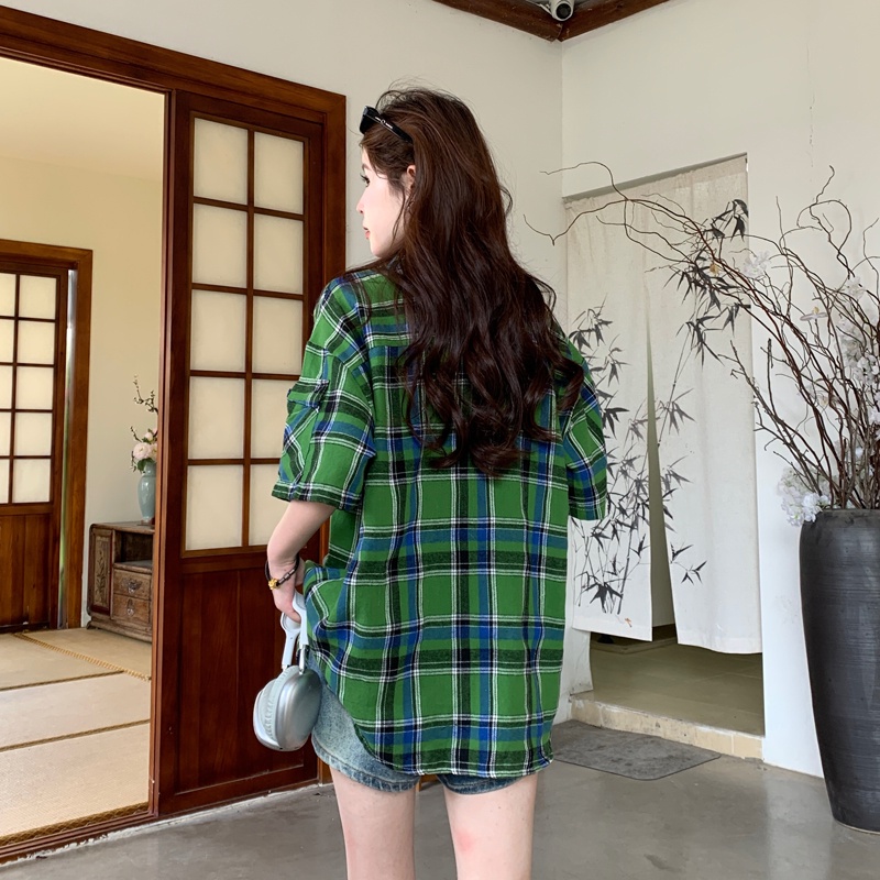 Áo Sơ Mi Tay Ngắn Dáng Rộng Họa Tiết Sọc Caro Thiết Kế Mới Thời Trang Mù