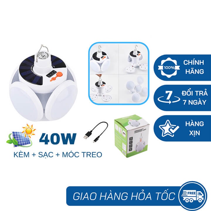 Bóng đèn led tích điện 40W, năng lượng mặt trời hình 4 Cánh Hoa có thể đóng mở