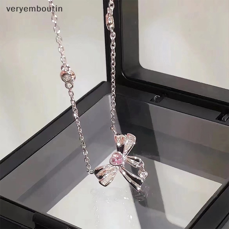 Dây Chuyền Bạc Mặt Hình Nơ / Trái Tim Đính Đá Zircon Màu Hồng Ngọt Ngào Thời Trang Cho Nữ