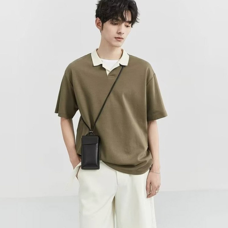 Áo Thun polo Giả Da Lộn Tay Ngắn Dáng Rộng Màu Sắc Tương Phản Cao Cấp Phong Cách Nhật Bản Cho Nam