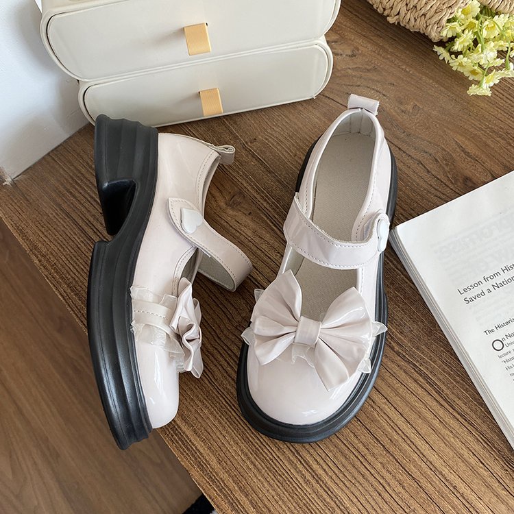 Giày Búp Bê Da PU Đế Dày Đính Nơ Xinh Xắn Phong Cách Nhật Bản